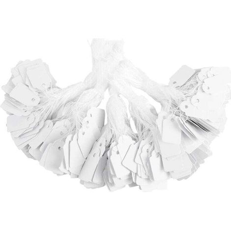 500 Preisschilder aus Papier (weiß, 1,5 x 2,5 cm), unbedruckte, gravierbare Preisschilder mit Umhängeband, geeignet zum Verpacken von Hochzeitsgeschenken, Kleidung und Schmuck