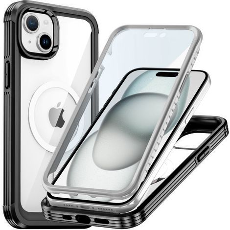 Funda para iPhone 15, protección completa blindada de 360° para MagSafe, protector de pantalla de cristal, color negro. (1/5)