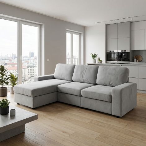 Canapé d'angle 245.5cm Gris Clair en Tissu Pelucheux, Cadre Bois+Métal, Rangement Sous Siège, Orientation Configurable (1/5)
