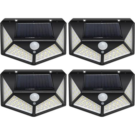 Paquete de 4 luces solares para exteriores, 100 LED, sensor de movimiento, impermeables, con energía solar, luces de seguridad, lámpara de pared inalámbrica para jardín