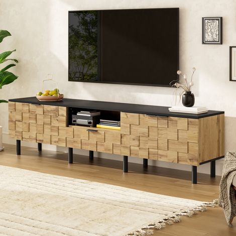 Mueble TV 170x35x44,5 cm natural y negro con 2 puertas, cajón y hueco abierto (1/5)