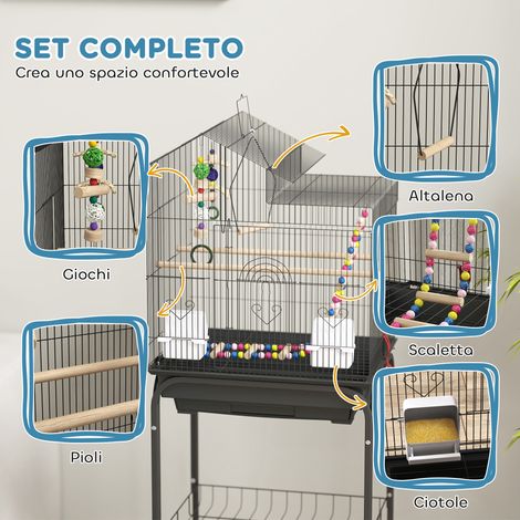 Cage à oiseaux avec support, roulettes pivotantes, étagère et accessoires, 46 x 36 x 120 cm, noire (1/5)
