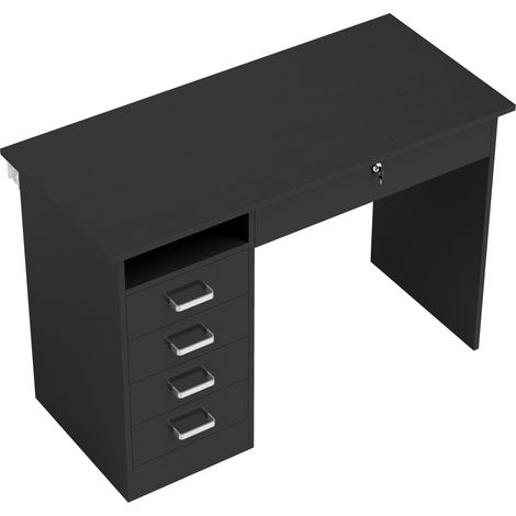 Bureau design 5 tiroirs, grand plan de travail, 1 espace ouvert, tiroir sécurisé, 110x50x76cm, noir (1/5)