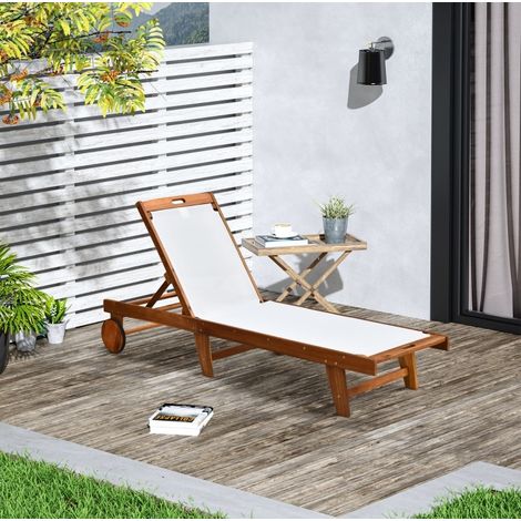 Bain de soleil 198x55x88,5 cm en bois naturel et blanc, dossier réglable pour terrasse – MEUBLIV (1/5)