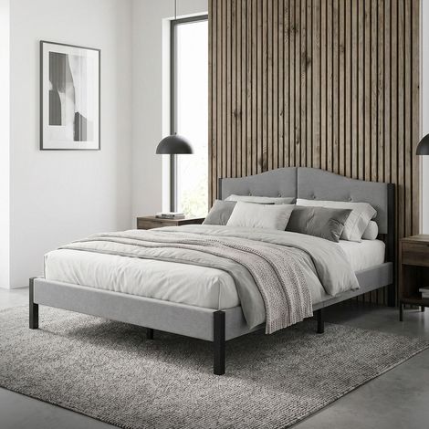 ML-Design Polsterbett 140x200 cm, Doppelbett mit stabilem Bettgestell, Bettrahmen mit gepolstertes Kopfteil & Lattenrost, Modernes Jugendbett, Bett mit Stahlrahmen & Leinenstoff für Schlafzimmer, Grau (1/5)