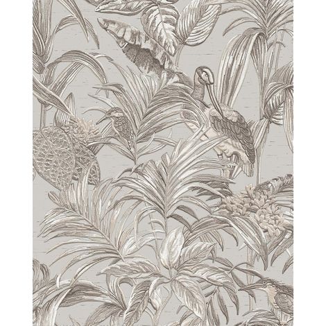 Papier peint intissé à motif d'oiseaux Profhome DE120011-DI gaufré à chaud avec un design exotique gris brillant blanc argent - 053 m x 1005 m - gris (1/4)