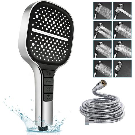 7 modes Pommeau de douche avec tuyau, 13 cm de diamètre, économiseur d'eau avec bouton d'arrêt, grande douche à effet pluie, réglage à une main et buse en silicone anti-bourrage (1/5)