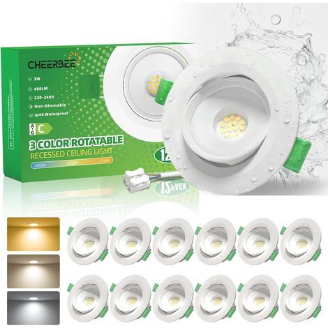 Set of 12 Adjustable Recessed LED Spotlights, 3W 450LM Adjustable Color Temperature IP44 For Bathroom Kitchen Living Room (1/5)
