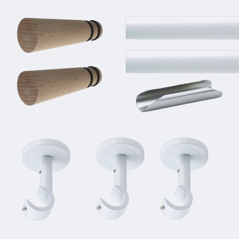 Kit de tringle à rideaux Blanc 300cm Diam.20mm Embout Cône Bois - Fixation Plafond - Boulet (1/3)