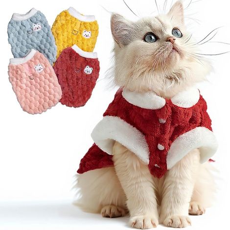 Pull chat mignon - Vêtement doux et chaud pour animaux - Manteau d'hiver avec chats de dessin animé - Peluche épaisse et chaude - Gilet pour poupées - Tricot doux et agréable pour la peau - Rouge - Ta (1/5)