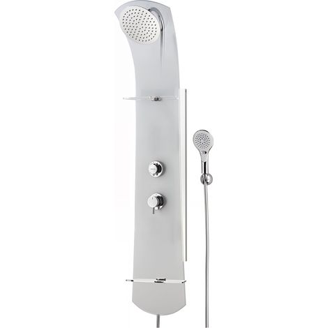 Valentin – Colonne de douche thermostatique en verre chromé – Pomme haute orientable Ø 200 mm – Douchette 3 jets – Flexible 1.75m PVC argenté (1/5)