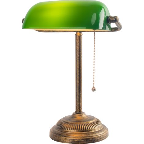 JCPYIUL Bank Tischleuchte mit Reißverschlussschalter, grüner Glasabdeckung, E27 Bronze-Sockel, Retro-Bücherregalleuchte für Büro und Schreibtisch (1/5)