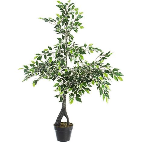 Pianta artificiale "Ficus" con foglie in tessuto, tronco in legno, vaso in plastica -120h cm (1/3)