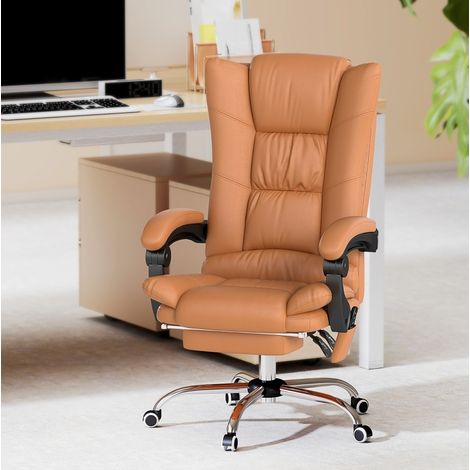 MEUBLIV Silla de oficina masajeadora calefactable reclinable con reposapiés, marrón claro (1/5)