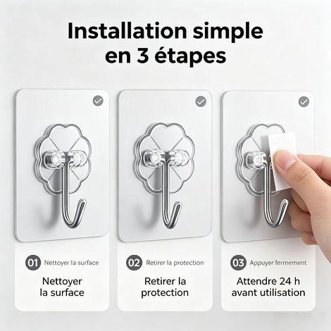 10 crochets adhésifs transparents résistants 5 kg, fixation sans perçage, crochets muraux invisibles pour meubles et murs - Transparent (1/5)