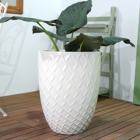 Grand pot céramique fait main Ø42x54cm, blanc brillant losange, respirant, antigel, drainage, pour grandes plantes intérieur/jardin - Pureté sophistiquée (1/5)