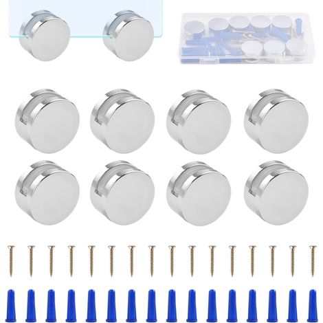Lot de 8 Fixations pour Miroir Sans Cadre, 3-5mm - Attaches Murale Rondes pour Verre avec Vis, Cheville et Joint - Porte-Miroir Salle de Bain Support pour Vitre (1/4)