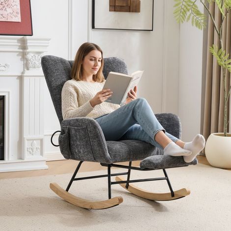 Chaise à bascule multi espace grise avec ottoman caché,Chaise de loisirs Chenille à dossier réglable ergonomique,Chaise salon avec poche (1/5)