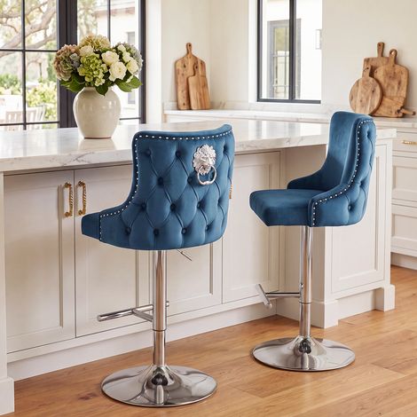 Wahson Barhocker 2er Set Samt höhenverstellbar, modernes Design Löwenring-Zuggriff Gepolsterte Sitzhöhe einstellbar 60-82cm für Küche & Bar, Blau