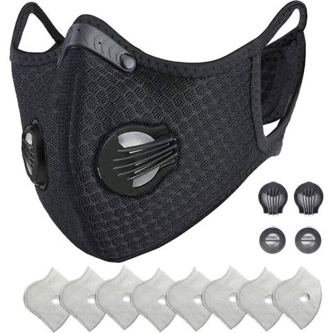 Sport-Schutzanzug mit Aktivkohlefilter und Ventilen/für Motorradfahren, Radfahren, Laufen und andere Outdoor-Aktivitäten (1 schwarzer Anzug + 8 zusätzliche Filter)