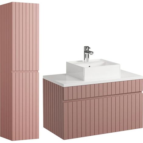 Meuble de salle de bain suspendu strié rose avec vasque à poser et colonne - 80 cm - SATARA (1/5)