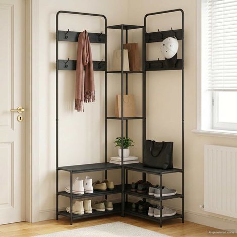 Irovami Porte-manteau avec banc à chaussures en chêne noir (1/5)