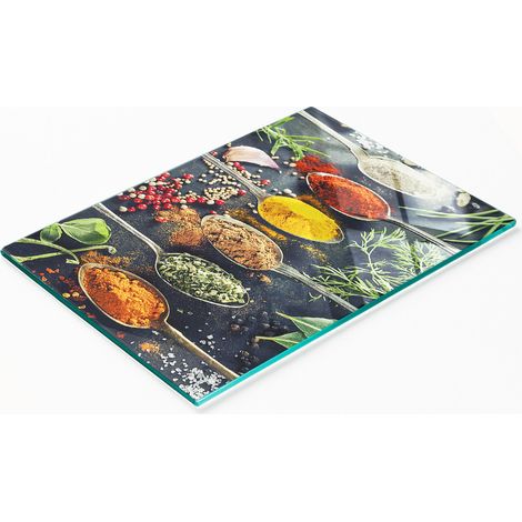 Elegante y resistente pizarra de vidrio con estampado de especias a color, 80x52 cm. (1/5)