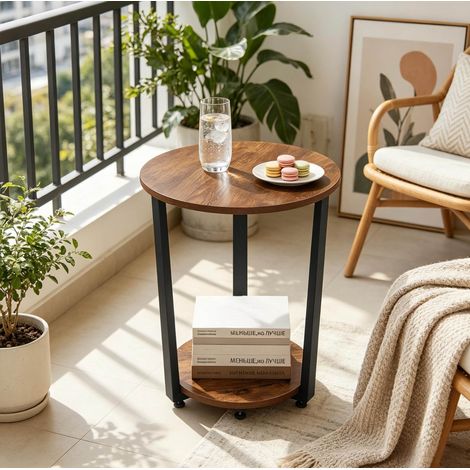 Mesa de centro redonda Ø 50 cm con 2 estantes, madera y metal, marrón rústico DESVIAE (1/4)