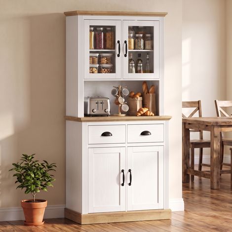 Buffet Haut Cuisine, Armoire 4 Portes dont 2 Verre, 2 Tiroirs, Plan Travail, Blanc (1/5)