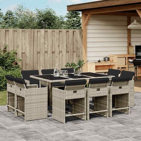 11-tlg. Garten-Essgruppe mit Kissen Hellgrau Poly Rattan (1/5)