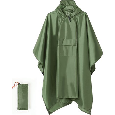 Poncho de pluie en polyester vert armée avec revêtement d'eau PU et poche avant, poncho d'extérieur unisexe avec capuche et sac de rangement, multifonctionnel pour le camping, la randonnée et le vélo (1/5)