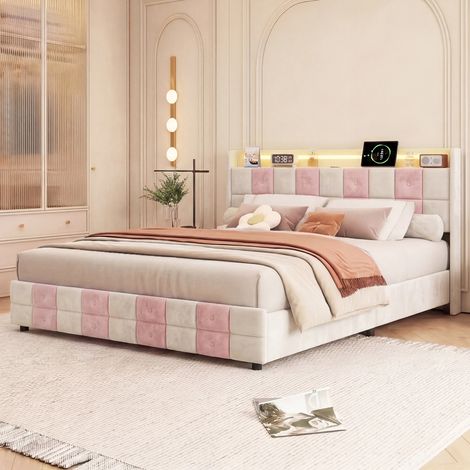 Cadre de lit 140 x 190 avec rangement, lit deux place 140x190 avec sommier, LED réglable, 4 Tiroirs et ports USB, Velours Blanc+Rose (1/5)