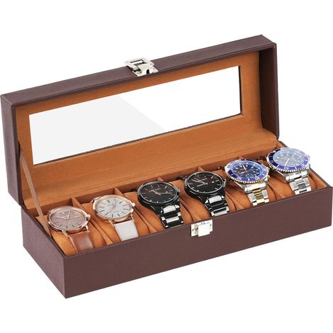Caja para relojes de poliuretano de 6 compartimentos, tapa de cristal, almohadillas extraíbles, color marrón.
