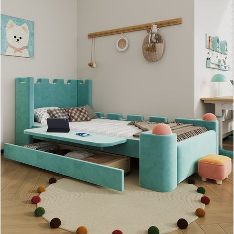 Cama infantil individual de 90x200 cm con espacio de almacenamiento y estante abatible, somier de láminas, tapizada en tela de terciopelo azul verdoso (1/5)