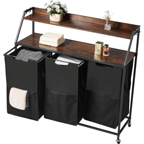 Tri sélecteur à linge 2 niveaux, corbeille haute avec structure métallique et plateau en bois, organisateur 3 compartiments sur roues, étagères échelle et sacs oxford 600D (1/5)