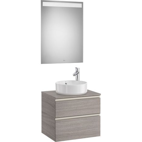 Pack meuble "The gap" 600 - pour vasque à poser - 2 tiroirs + plan + miroir LED - city oak/poignées nickel mat - Roca (1/2)