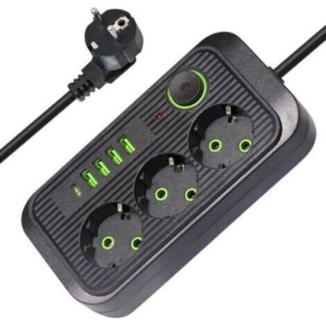 1 Multiprise, 3 Prises, Interrupteur, 4 Ports USB A, 1 Port USB C, Parafoudre, Câble, Maison Bureau