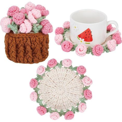 Handgehäkelte Untersetzer mit Blumenmuster, Wollgarn, 1 Set mit Blumenkorb
