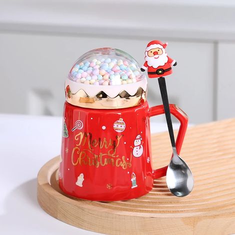 Mug de Noël (rouge) avec couvercle et cuillère en céramique créative, parfait pour le café et le lait. (1/5)