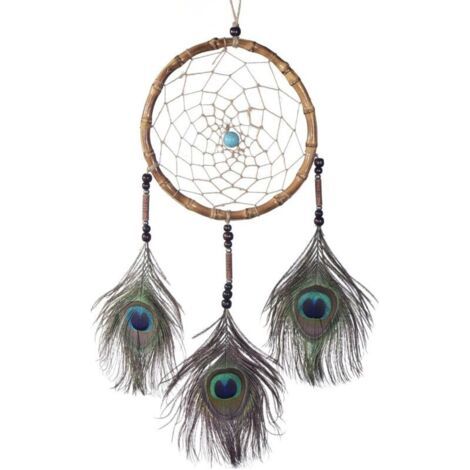 BUNTHAUS Lntyq Gros Attrape-rêves Dreamcatcher avec Perles et Vraies Plumes Brun Noisette - Ø 18 cm (1/4)