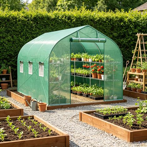 Tunnel jardin avec étagères, porte 6 fenêtres, serre structure acier galvanisé plantes jardin (1/5)