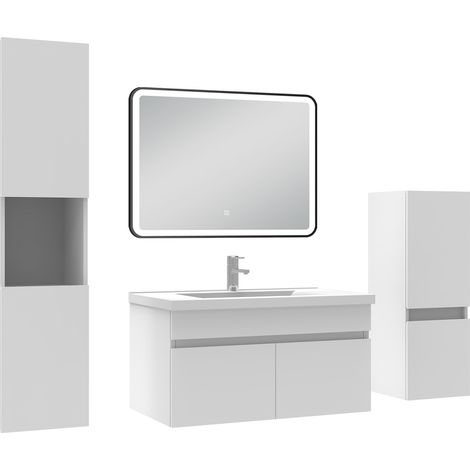 Acezanble Meuble simple vasque 80cm avec colonne + miroir lumineux 3 couleurs + dimmable blanc