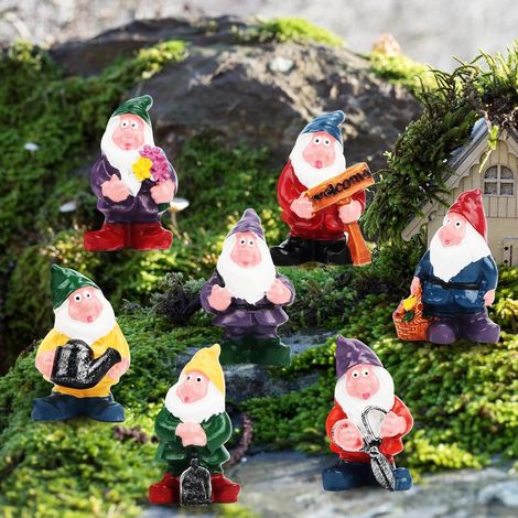 Lot de 7 nains de jardin miniatures - Décoration de jardin - Mini statue de gnome - Pour fêtes de Noël, jardins, fêtes (1/5)