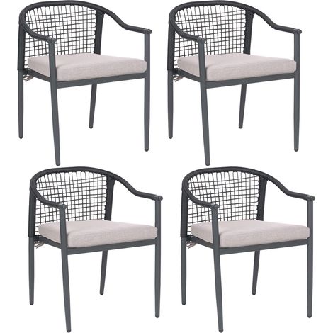 Set of 4 Garden Chairs Black Aluminium Metal PE Rattan Powder Coated with Beige Cushions Stackable Outdoor OZZERO (1/5)