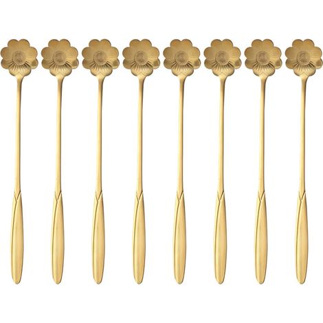 Juego de 8 cucharas en forma de flores, cucharas para postre, café y azúcar, mezcladores creativos de acero inoxidable dorado (1/4)