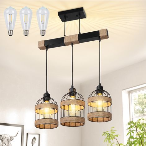 ROSNEK Suspension 3 lumières E27 en rotin et fer, câbles réglables, style bohème industriel, lumière blanc chaud, marron (1/5)
