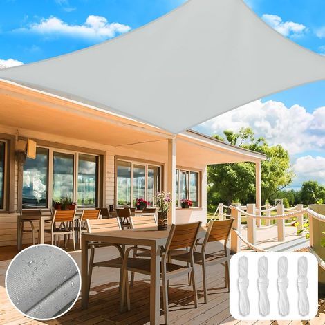 Rechteckiges graues Sonnensegel 2 x 3 m, wasserdicht, mit UV-Schutz und reißfestem Polyestergewebe, mit 4 Befestigungsschnüren, für Garten, Terrasse, Außenbereich und Balkon. (1/5)