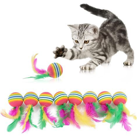 Lot de 8 boules de chat en plumes arc-en-ciel pour chat, jouet interactif pour chatons, boules colorées, intérieur, extérieur, chatons, mâcher, entraîner, chasser (1/5)