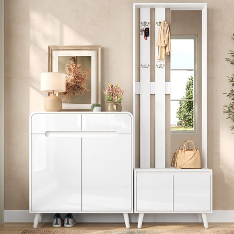 Meuble d'entrée vestiaire, banc à chaussures et armoire de rangement, avec miroir, crochets et étagères, armoire de couloir multifonction, Blanc (1/5)