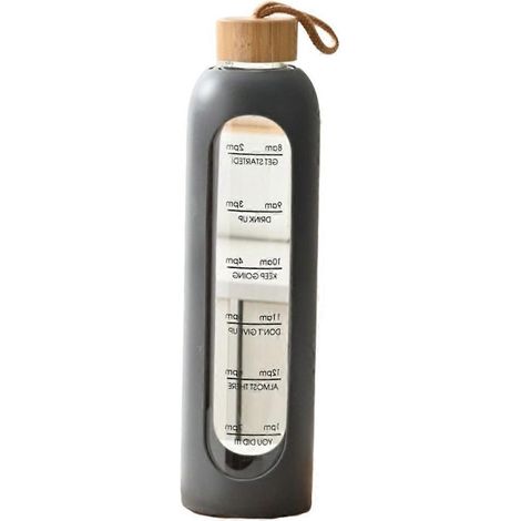Bouteille d'eau en verre d'un litre avec échelle de temps, bouteille d'eau portable, bouchon en bambou, housse de sport en silicone sans plomb, noire. (1/5)